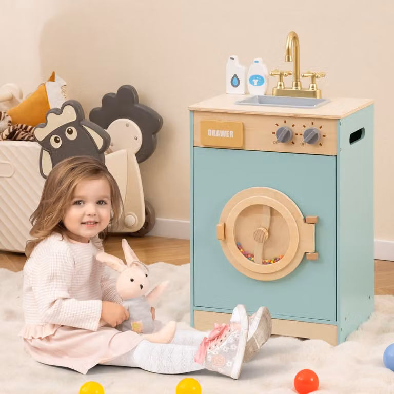 Set di gioco lavatrice in legno Costway con accessori per bambini, colore blu