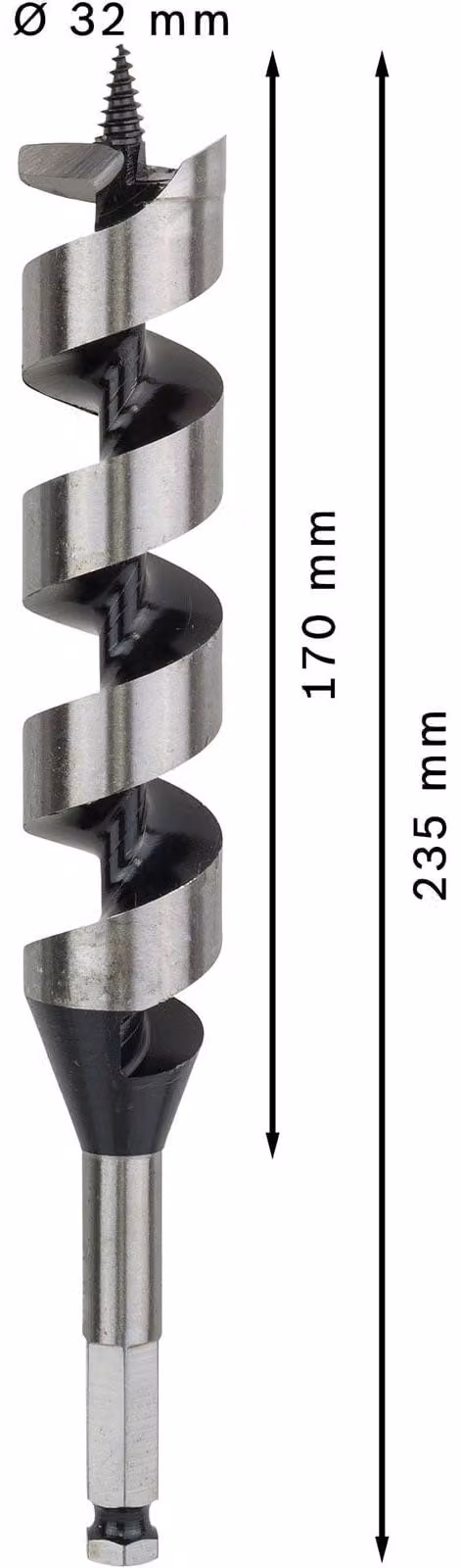 Coclea per legno con gambo esagonale, diametro mm: 32, lunghezza totale: 235