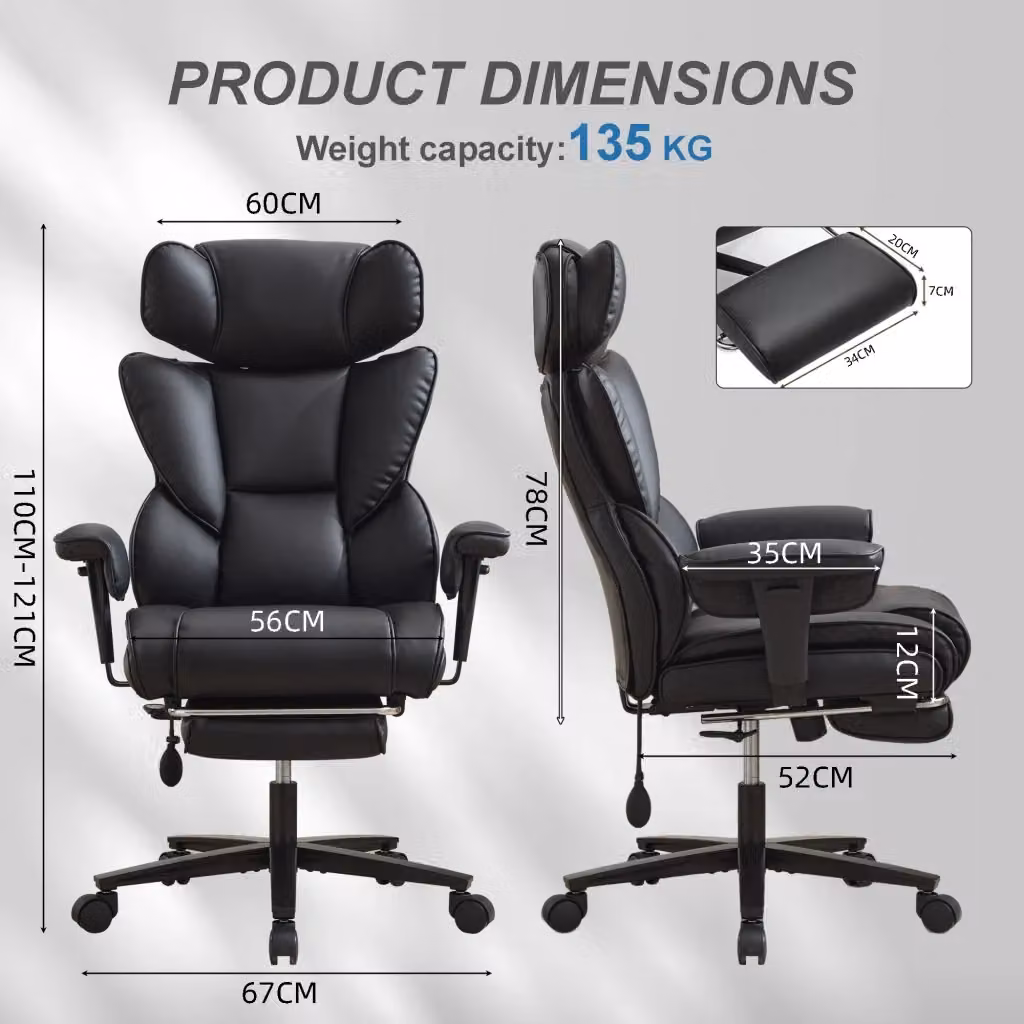Sedia ergonomica da ufficio e gaming WISHDOR in pelle PU nera con supporto lombare ad aria, poggiatesta regolabile e braccioli – 2