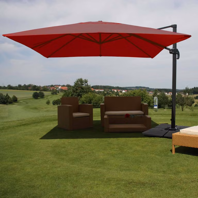 Ombrello semaforo gastronomico HWC-A96, ombrellone, 3x4m (Ø5m) poliestere/alluminio 26kg ~ bordeaux con supporto
