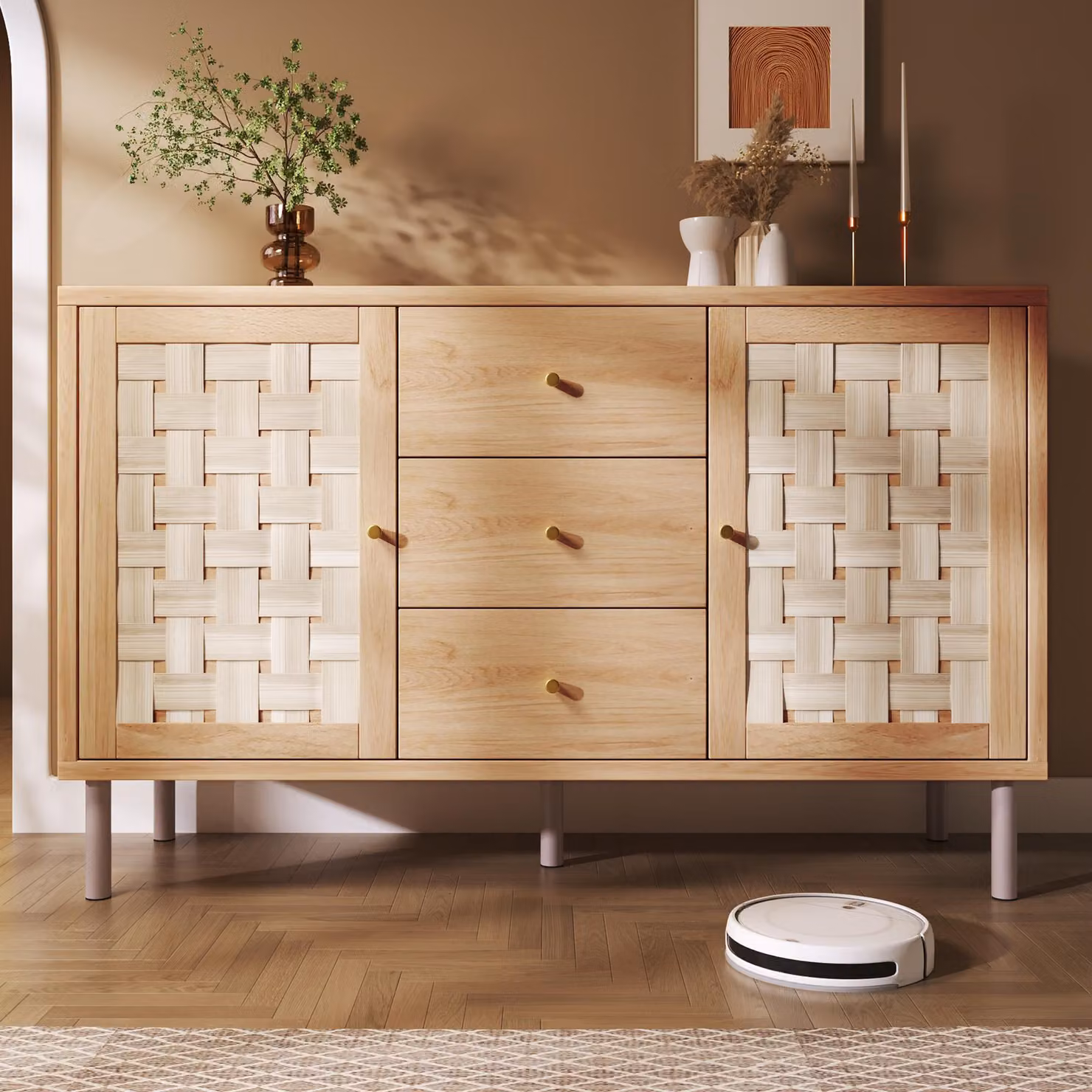 Credenza Merax con 2 ante e 3 cassetti, comò con gambe in metallo, stile rustico, mobile da soggiorno con ripiani, per ingresso e cucina, effetto rovere
