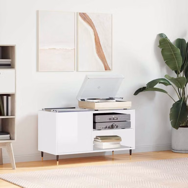 vidaXL Mobile Porta Dischi Bianco Lucido in Legno e Metallo L 85 cm, P 38 cm, H 48 cm