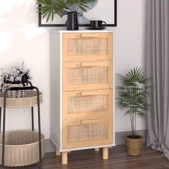 Credenza-Buffet-Armadio da cucina Bianca 40x30x90cm Legno Massello Pino Rattan Naturale