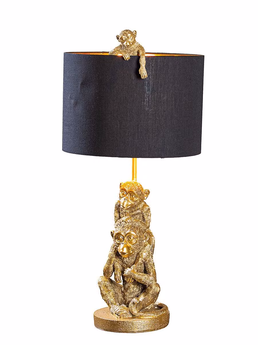 Gilde Tischleuchte, Affenbande, Affenmotiv, Kunstharz, schwarz, goldfarben, VE 1 Höhe: 66.00 cm Breite: 30.50 cm Tiefe: 33.00cm 52971