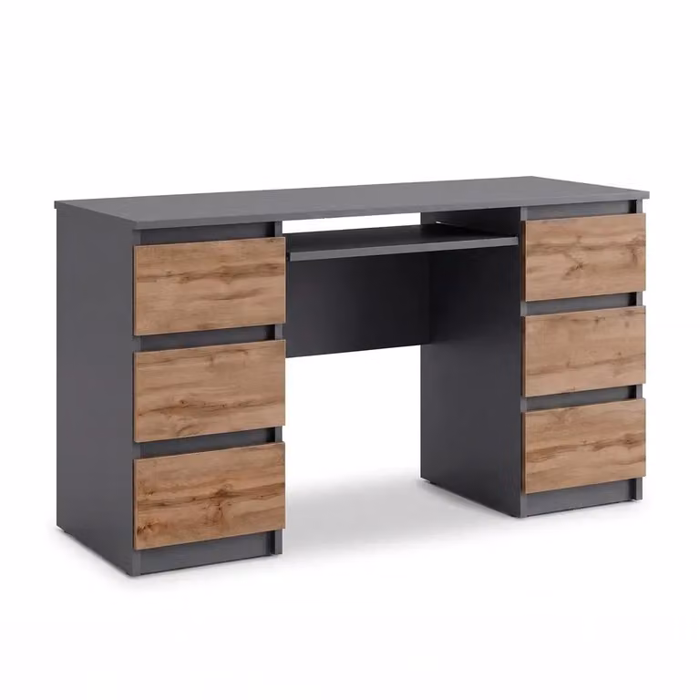 Scrivania CUBA Antracite / Rovere Wotan – Scrivania Porta PC con 6 Cassetti e Ripiano Tastiera Estraibile, L130 x H78 x P50 cm