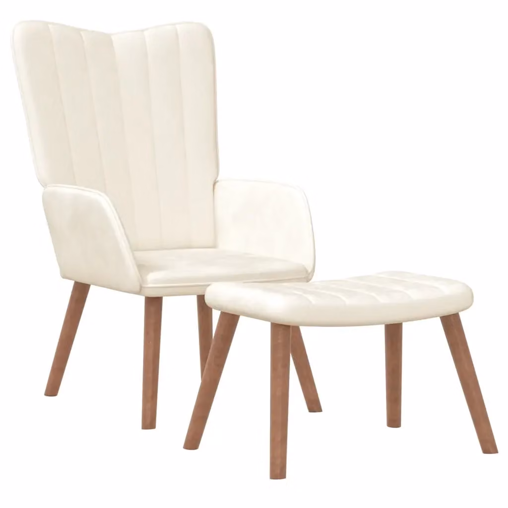 Poltrona Relax Moderna con Poggiapiedi in Velluto Bianco Crema e Struttura Mix – 2