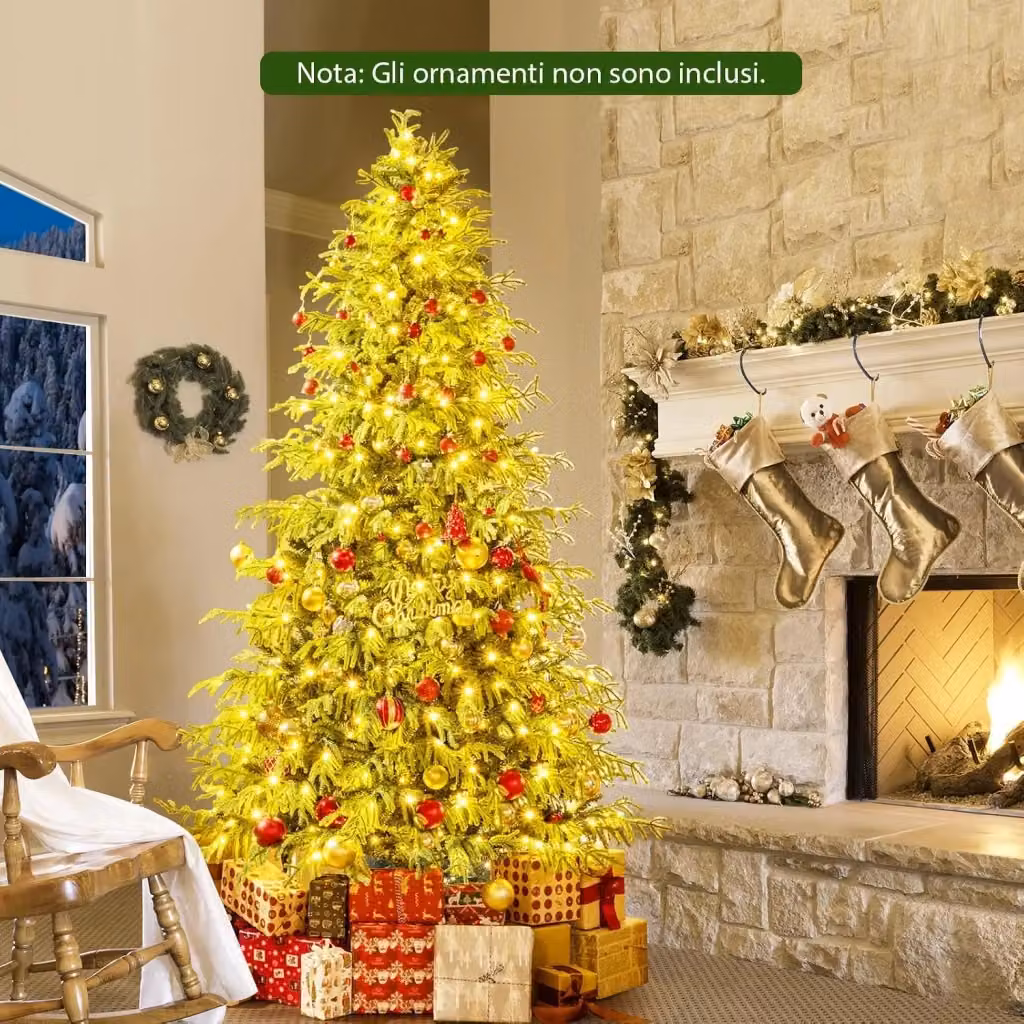 Albero di Natale Pre-illuminato COSTWAY Verde con 370 Luci LED Bianco Caldo, 1090 Punte di Rami e Base in Metallo Pieghevole, Altezza: 210 cm – 2