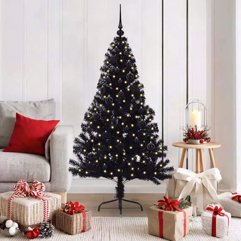 Albero di Natale artificiale moderno vidaXL con luci LED bianco caldo, colore nero, in PVC e metallo, Altezza: 150 cm