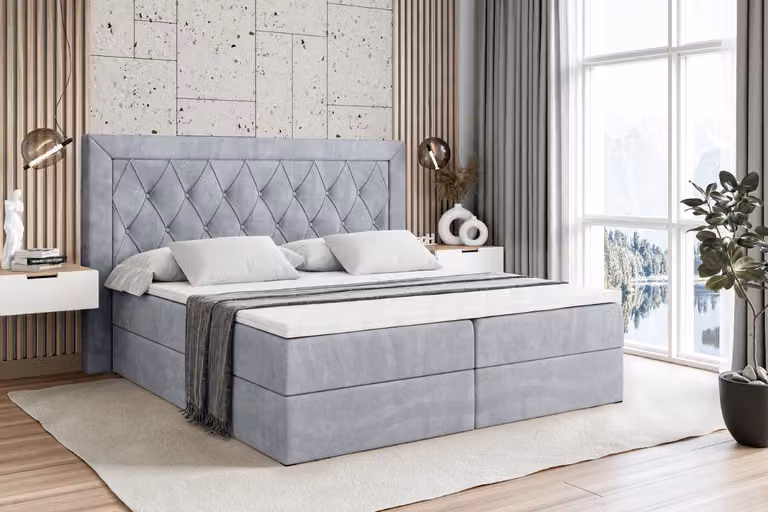 Letto boxspring ALTDECOR con materasso (altezza 20 cm) e topper (altezza 4 cm), letto imbottito con testiera e contenitore - NOEL - 120x200 - H3 / Velluto grigio chiaro