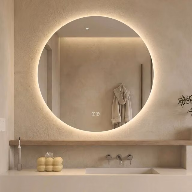 Specchio da bagno rotondo OKWISH con retroilluminazione LED dimmerabile, 3 colori di luce, funzione antiappannamento e memoria, colore argento, Diametro: 77 cm