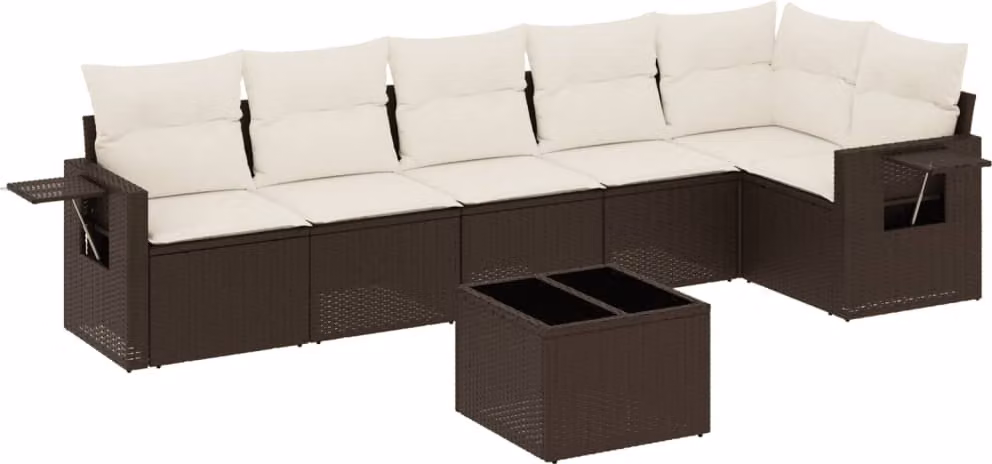 Set Divani da Giardino 7 pz con Cuscini Marrone in Polyrattan