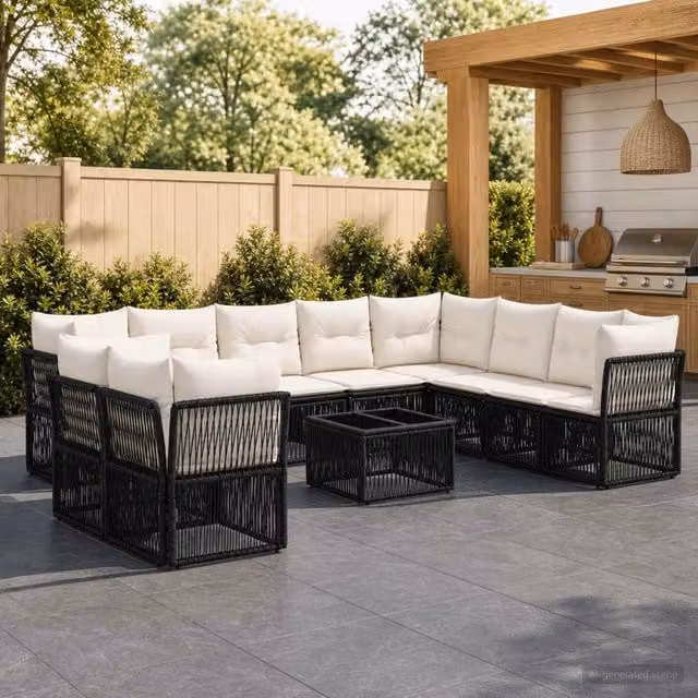 Set Divano da Giardino vidaXL a Forma di U con 11 Pezzi, Colore Nero, con Cuscini e Tavolino da Esterno – 1