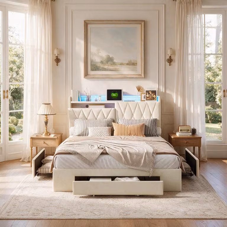Letto imbottito INONEFT, 140x200 cm, con LED e USB, letto a una piazza o a due piazze con 3 cassetti e spazio contenitivo nella testiera, struttura del letto con rete a doghe, rivestito in velluto color beige