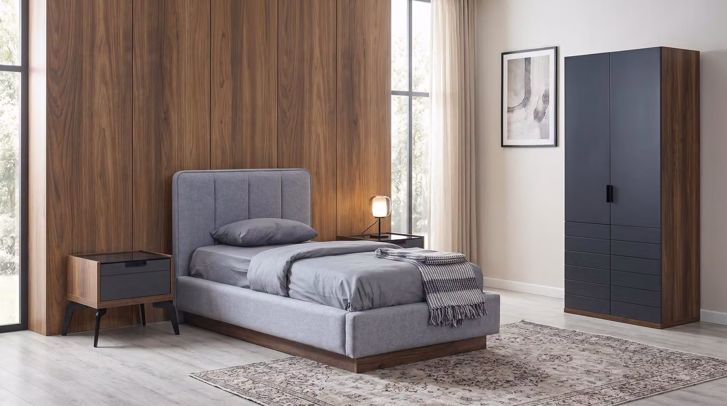 Set completo per camera da letto: letto, due comodini e armadio, colore grigio, design moderno