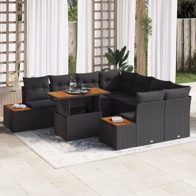 Set Divano da Giardino 9 pz Nero Poly Rattan 3358792