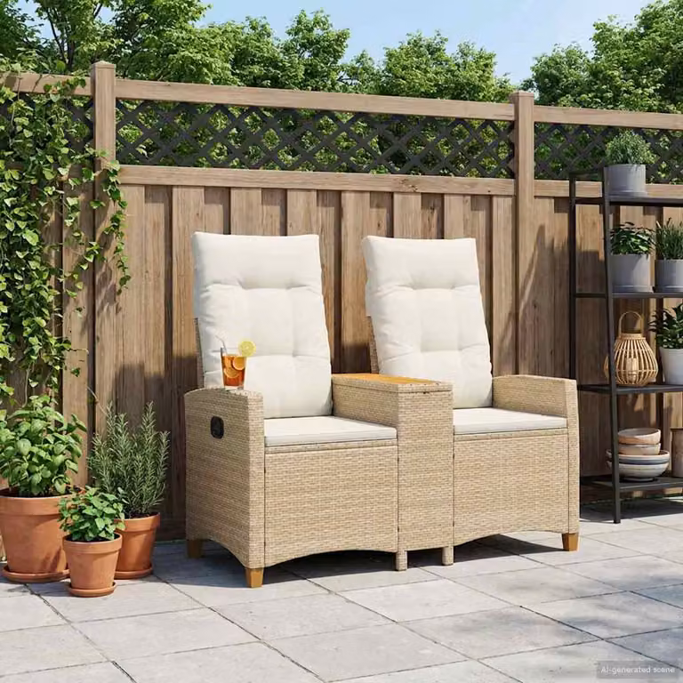 Panchina reclinabile con tavolo da 2 posti vidaXL in rattan e metallo, Beige e Bianco Crema, L 126 x P 65 x H 112 cm