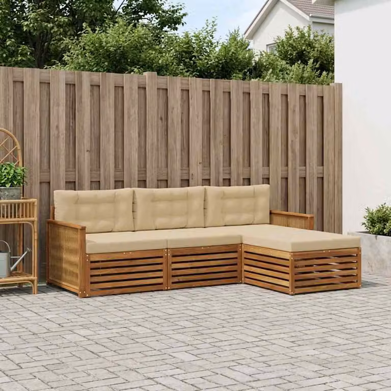 Set di divani da esterno vidaXL a forma di L in legno di acacia con pouf e cuscini, Beige e Marrone