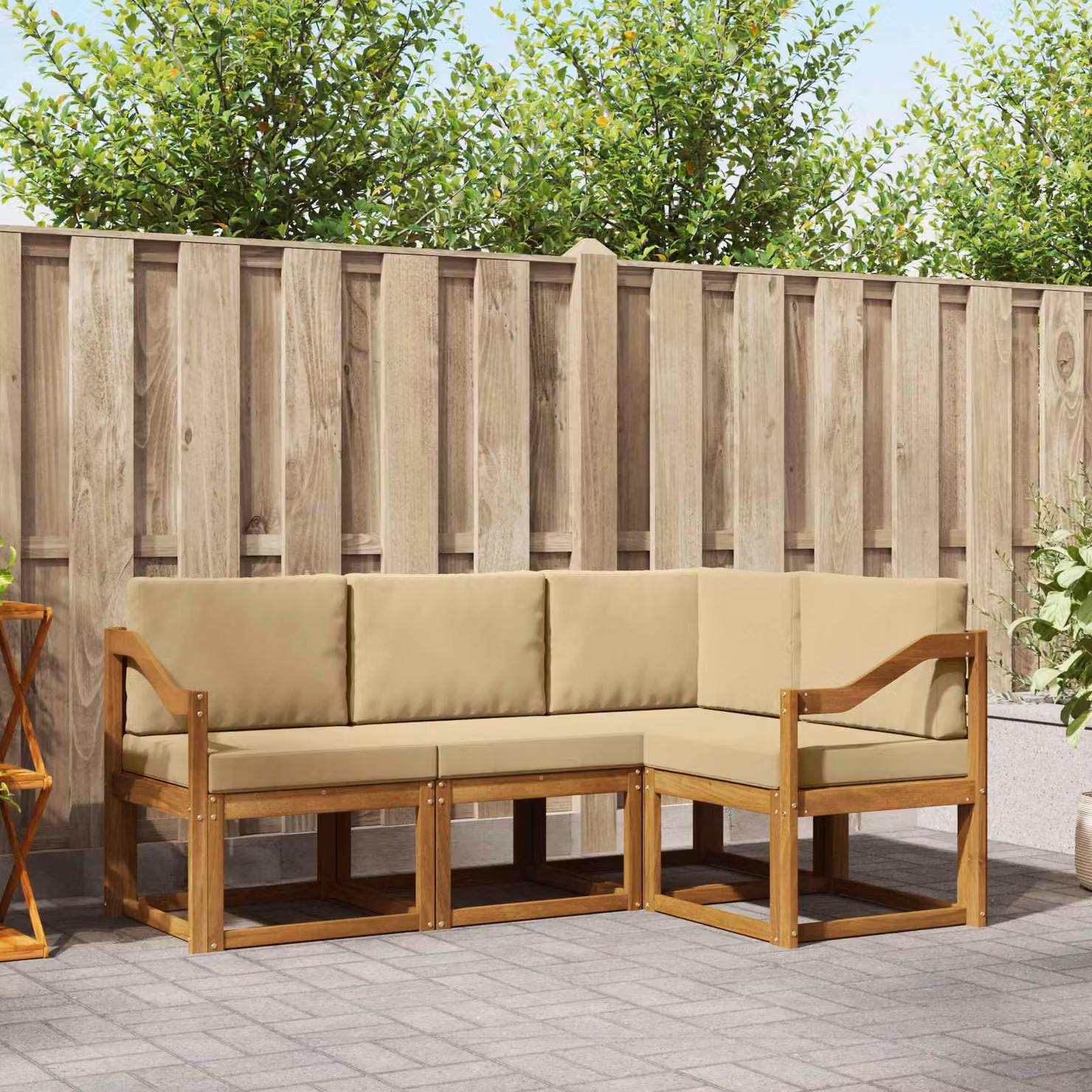 Set di divani da esterno vidaXL in legno di acacia con cuscini, composizione a L, colore beige e marrone