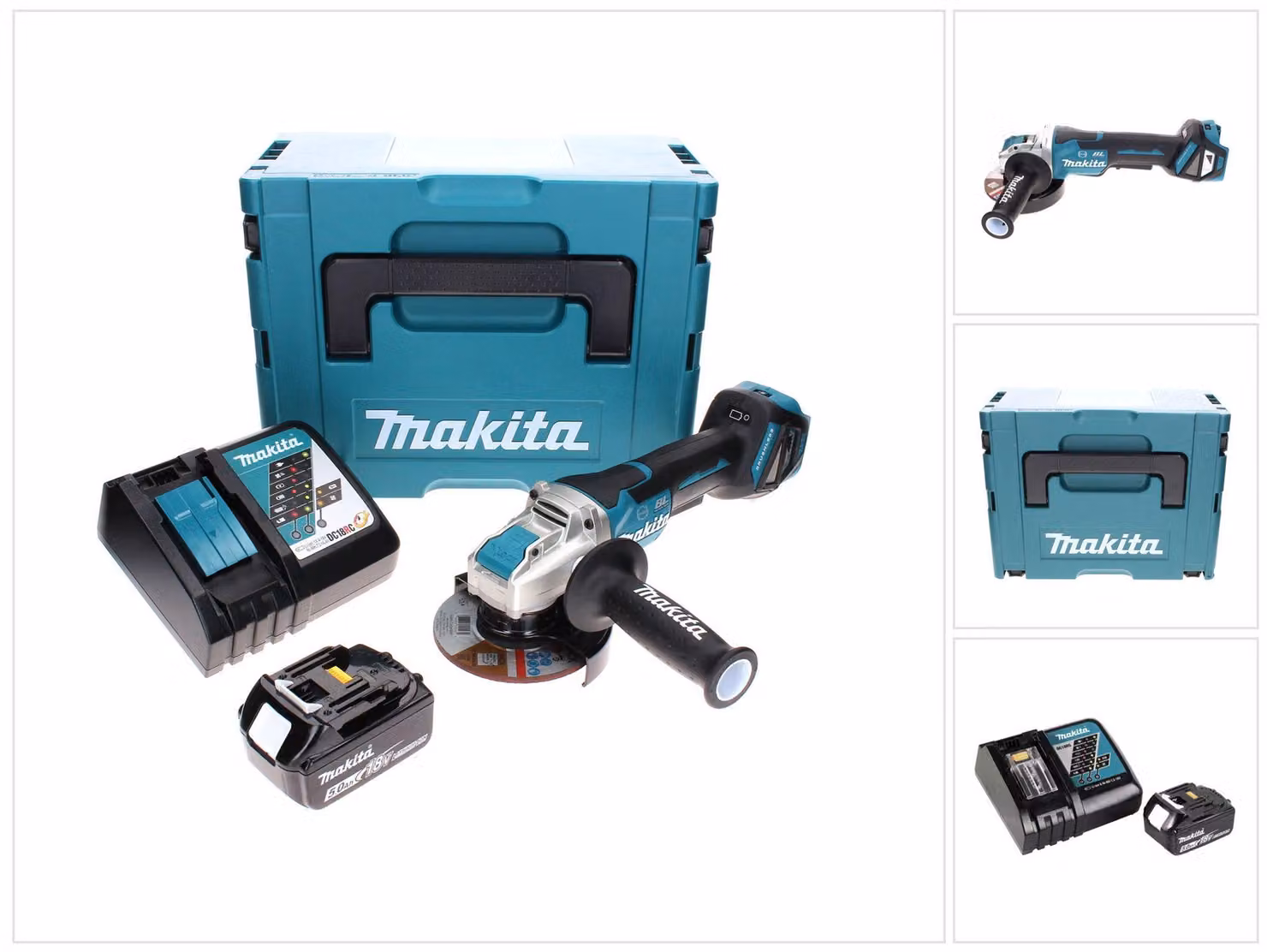 Smerigliatrice angolare a batteria Makita DGA 519 RT1J 18 V 125 mm Brushless X-Lock + 1 batteria da 5,0 Ah + caricabatterie + Makpac