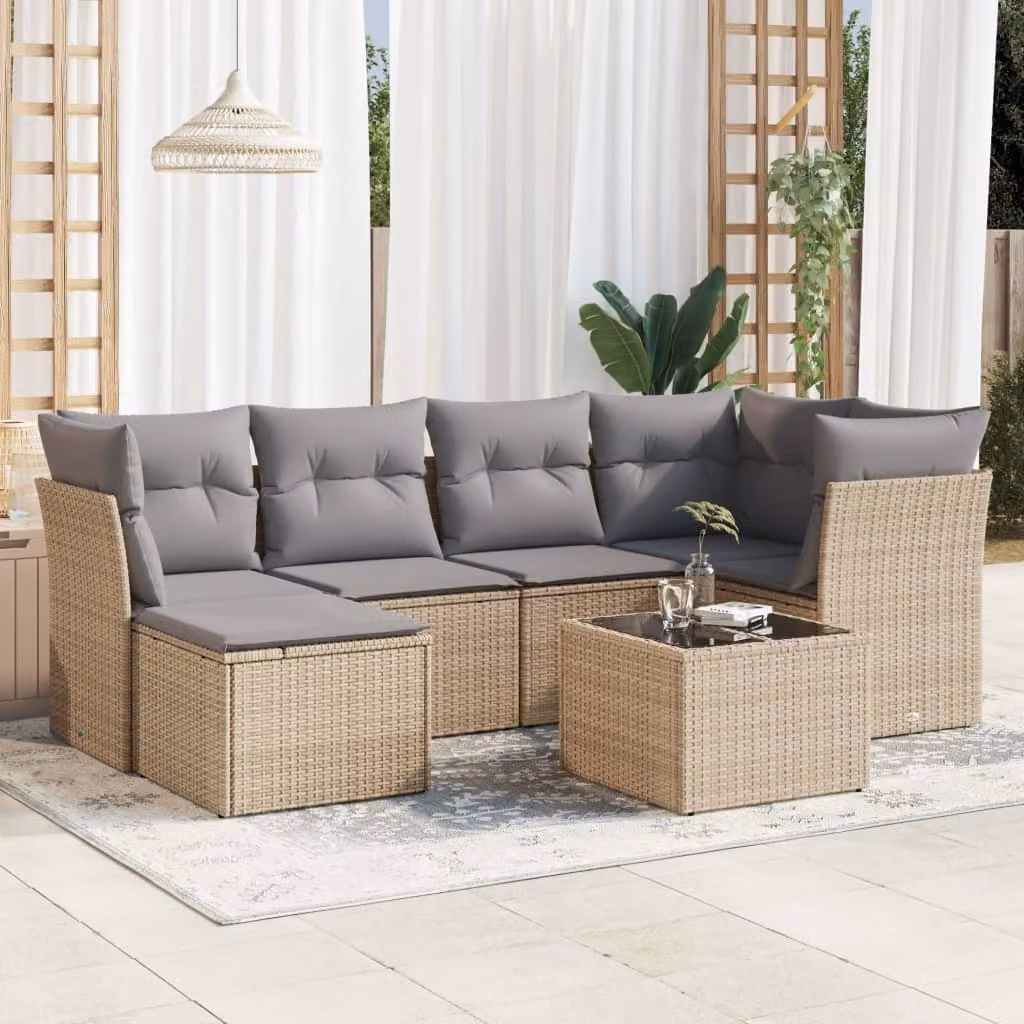 vidaXL Set Divani da Giardino 7 pz con Cuscini Beige e Grigio in Polyrattan e Acciaio Verniciato a Polvere