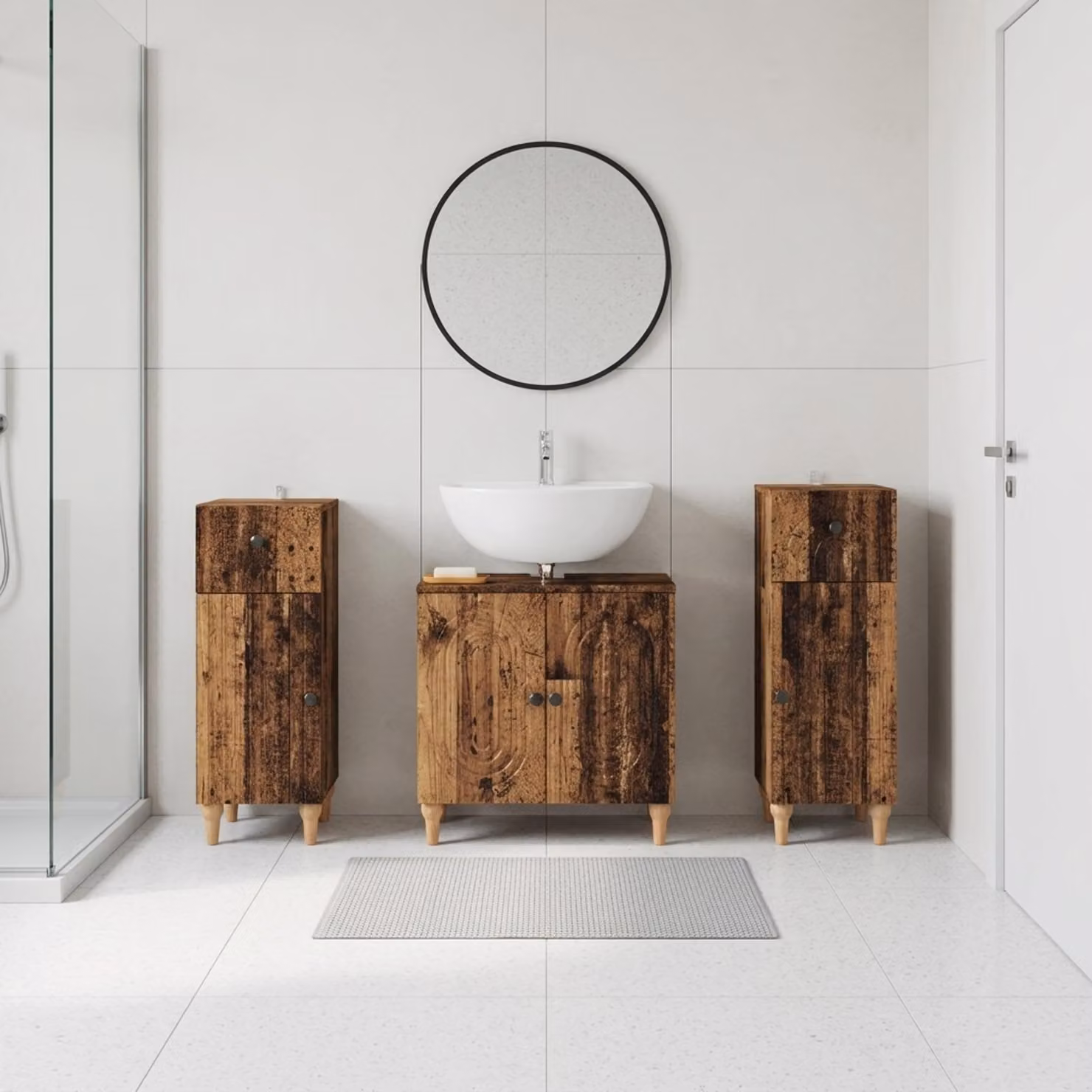 Set di armadietti da bagno vidaXL ALKMAAR in 3 pezzi, legno color marrone antico, design minimalista e freestanding