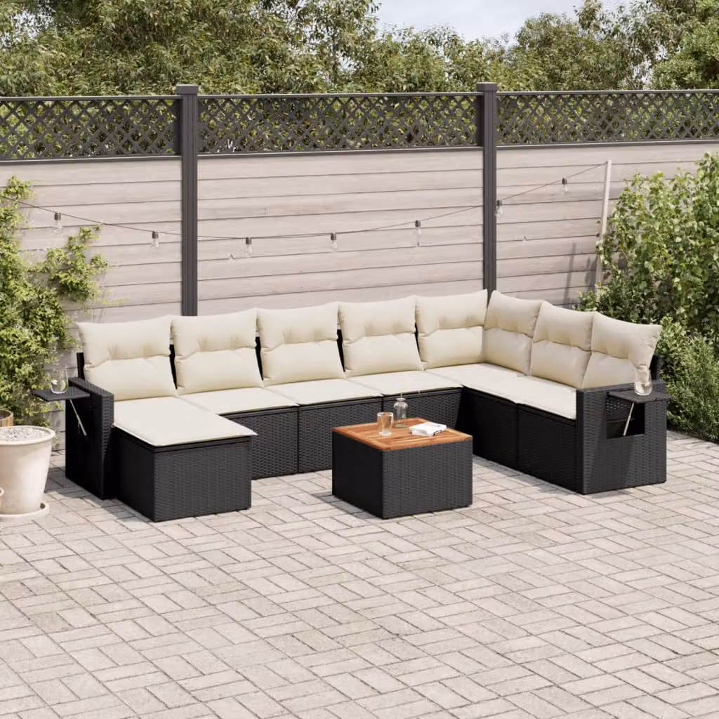 vidaXL Set Divani da Giardino 9 pz a Forma a L con Cuscini Nero in Polyrattan e Telaio in Metallo – 1