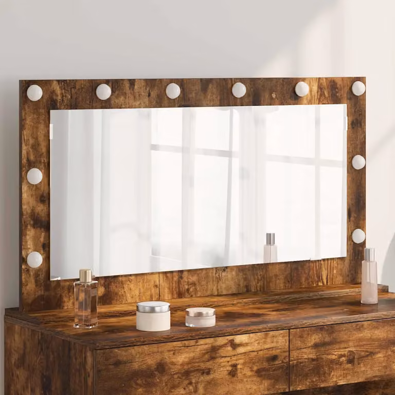 Specchio da vanità vidaXL con luce LED, design moderno rettangolare in legno e vetro, colore marrone, L 100 cm x P 55 cm x H 18 cm