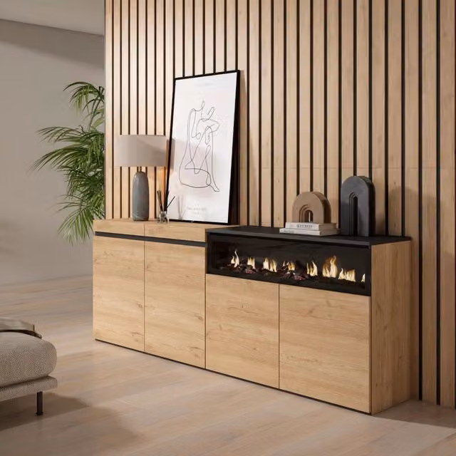 Credenza, Mobile, 200x35x75cm, 4 Porte, Camino elettrico, colore Rovere e nero RF2318