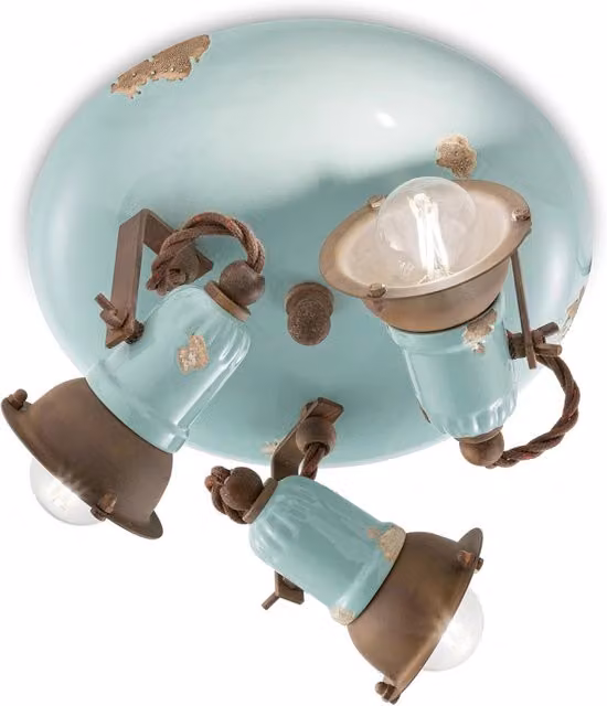 Plafoniera Vintage Loft Ferro E Ceramica Azzurro 3 Luci E14