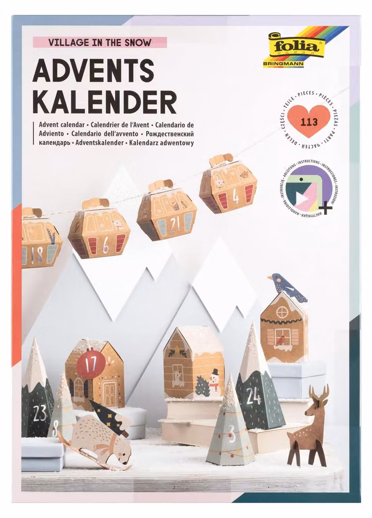Kit per creare l'avvento "Villaggio nella neve", 113 pezzi, in carta
