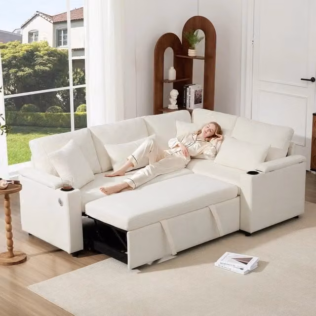 Divano angolare estraibile con vano contenitore ¨C Minimal ¨C Beige tessuto con cuscini