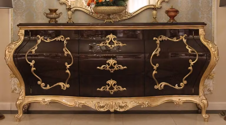 Casa Padrino cassettiera barocca marrone scuro/oro 243 x 60 x h. 115 cm - Magnifico mobile in legno massiccio a 2 ante e 3 cassetti - Nobile mobile barocco