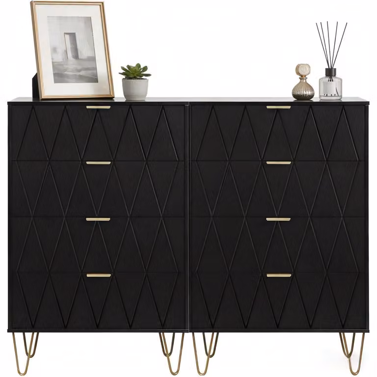 Comodino, set da 2, 120x34x91 cm, 8 cassetti, colore nero