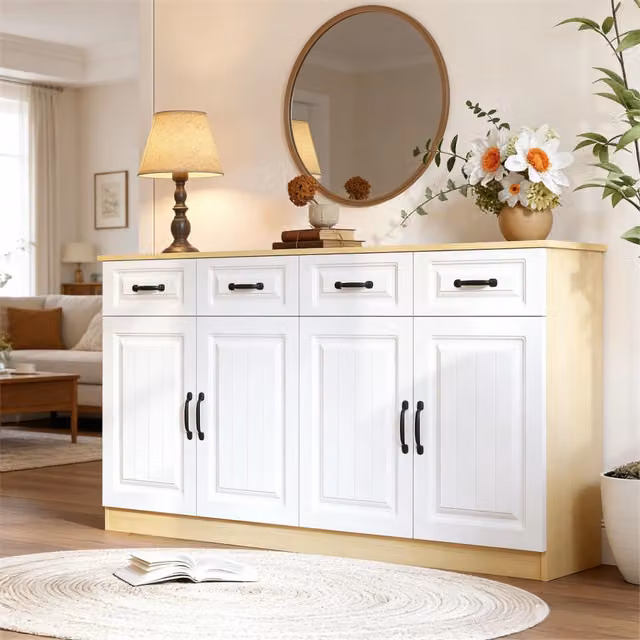 Sideboard con 4 cassetti e 4 ante, 2 ripiani, design scanalato, 8 maniglie in metallo. Ampio spazio superiore. Per soggiorno, camera, cucina. L 160 cm, bianco + colore legno naturale
