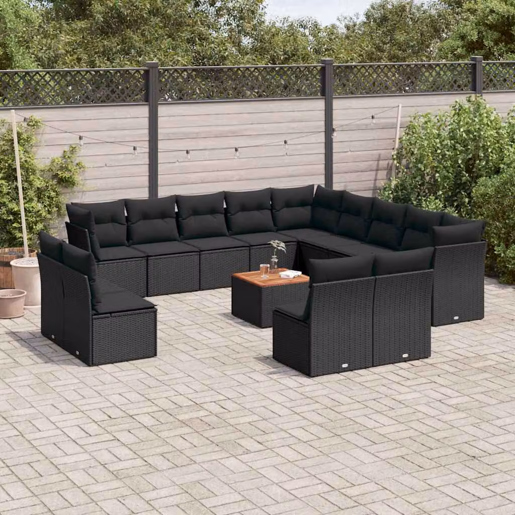 Set Divano da Giardino a L vidaXL con Tavolino, Cuscini e Struttura in Polyrattan e Legno di Acacia, Colore Nero e Marrone – 1