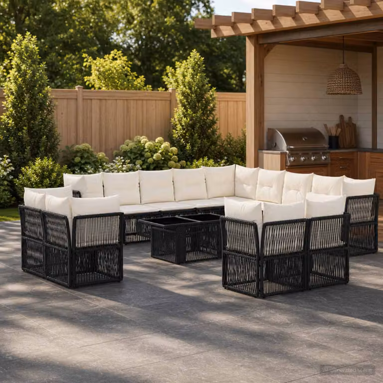 Set Divano da Giardino vidaXL 14 pz in Polyrattan Nero con Cuscini e Tavolino da Caffè