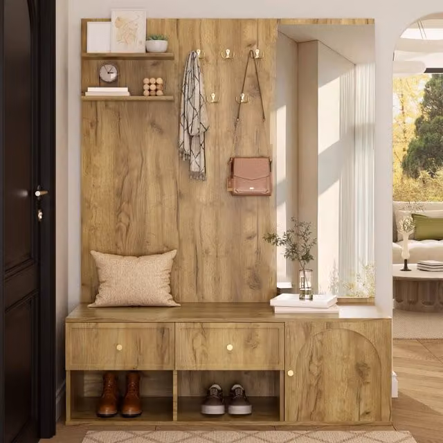 Mobile da ingresso 6 in 1 FOLYNA con specchio, 5 ganci, 2 cassetti e panca porta scarpe, effetto legno marrone, L: 120 cm, P: 35 cm, H: 159 cm