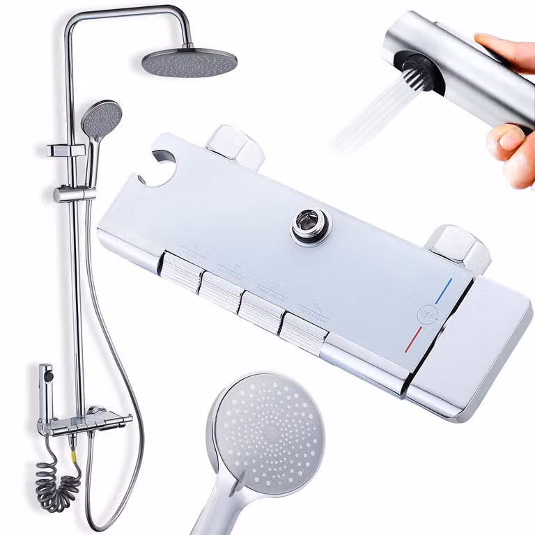 Sistema doccia Heckermann CS18 con termostato, colore argento – include: doccia a pioggia di grandi dimensioni, soffione manuale con 3 funzioni, erogatore per vasca, altezza regolabile da 65 a 105 cm