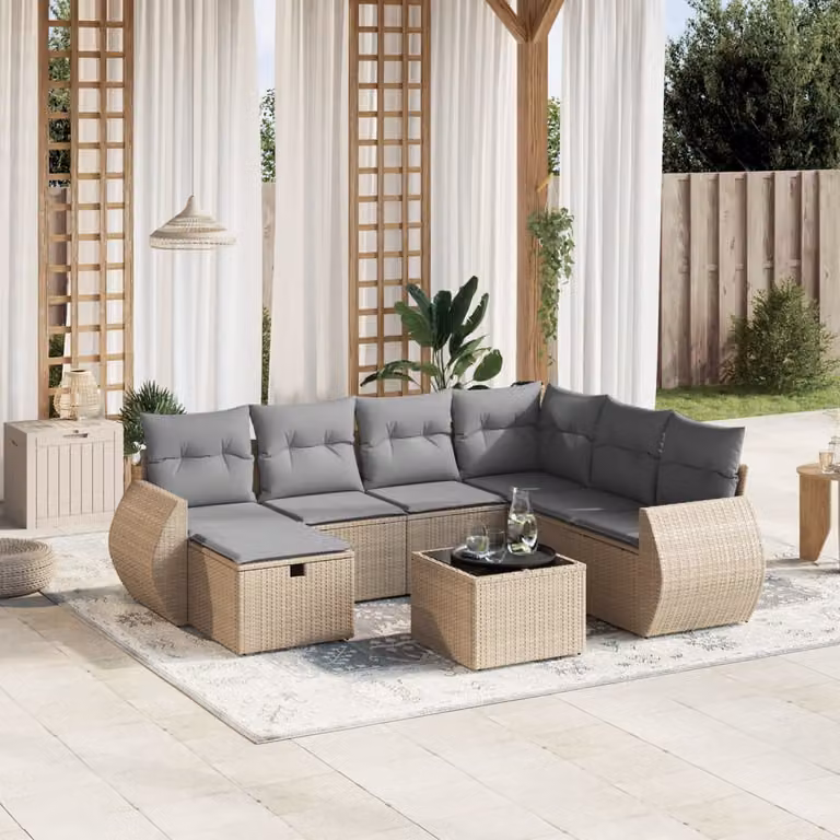 vidaXL Set Divano da Giardino a L 8 pz con Cuscini Beige e Grigio in Polyrattan e Acciaio