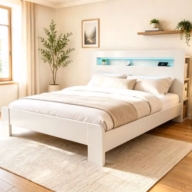 Letto matrimoniale moderno WISHDOR in legno bianco con testiera contenitore, illuminazione LED, porte USB e ripiani laterali, L/P/H: 180 x 200 x 107 cm