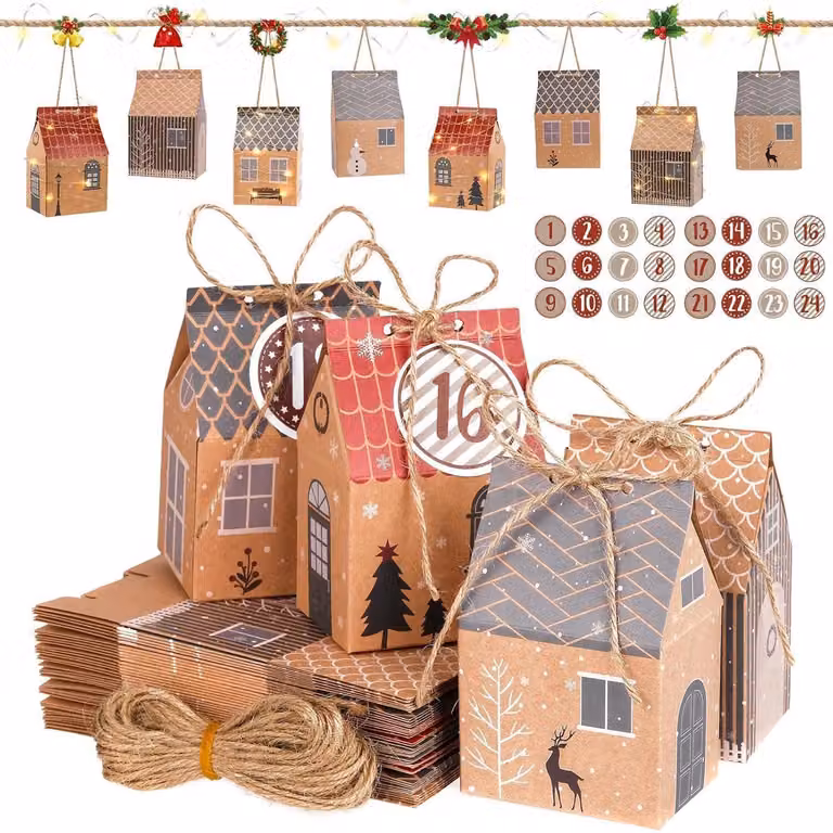 Calendario dell'Avvento con 24 regali, scatole regalo, numeri adesivi, decorazioni natalizie per la casa
