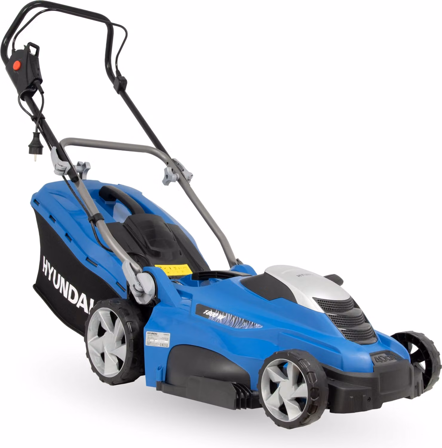 Rasaerba elettrico HYUNDAI LM4001E con funzione mulching (larghezza di taglio di 40 cm, potenza del motore elettrico: 1800 W, cesto di raccolta dell'erba ibrido da 50 litri con indicatore del livello di riempimento e maniglia di trasporto, con funzione mu