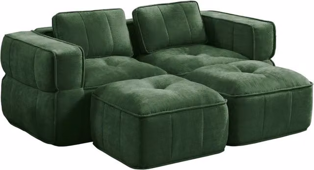 Divano modulare verde a due posti con due pouf, tessuto in poliestere, schiuma ad alta densità, 198x162x67 cm
