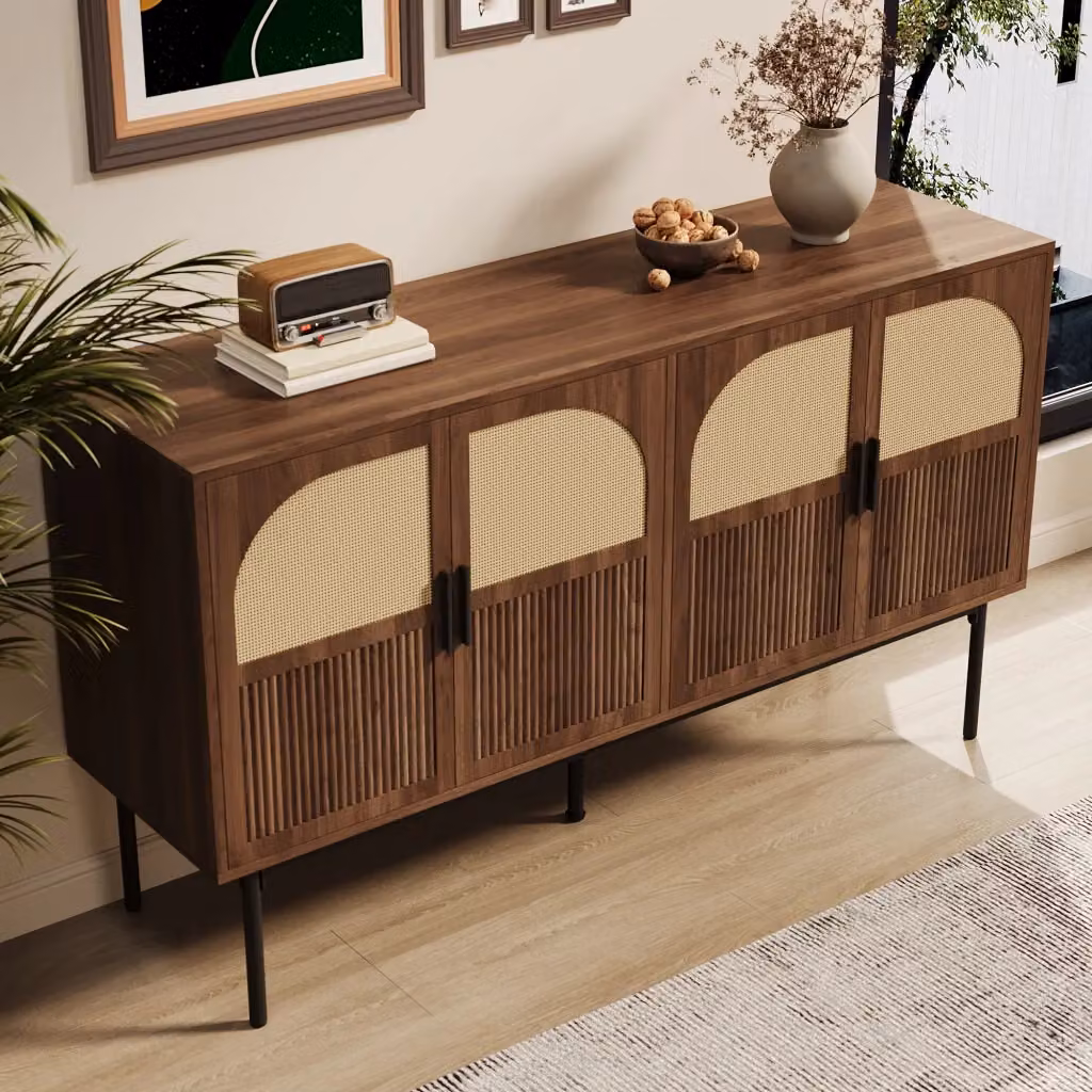 Madia MIVRAY a 4 ante in MDF con rattan naturale e gambe in acciaio nero, colore marrone, L 140 cm x P 40 cm x H 80 cm – 2