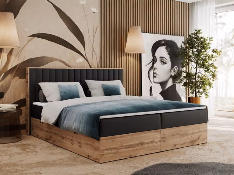 Letto boxspring, due cassetti portaoggetti, set completo con materasso e coprimaterasso - Albero-4 - 180x200 cm - Pelle finta nera - H3