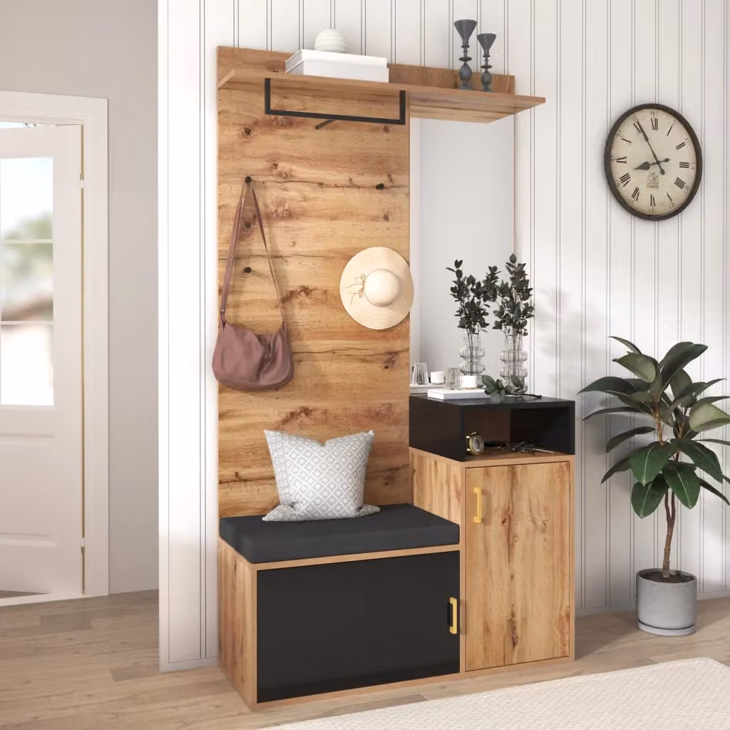Set ingresso moderno WISHDOR con scarpiera, specchio, panca e 4 ganci, colore nero e legno, L: 191.5 cm, H: 105 cm, P: 40 cm – 2