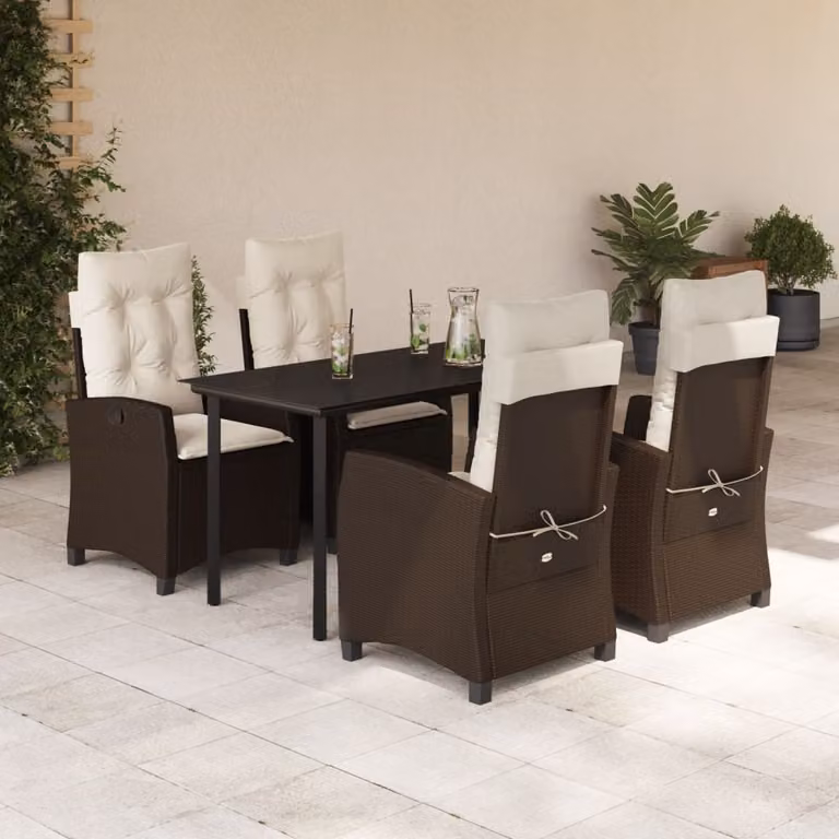 Set da Pranzo da Giardino vidaXL in Polyrattan Marrone con Cuscini e Tavolo in Vetro 5 Pezzi