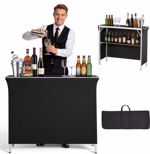 VEVOR Tavolo da Bar Pieghevole e Portatile per Esterno, Bancone Leggero Nero con Borsa per il Trasporto e Ripiano Portaoggetti, L/P/H: 110 x 38,5 x 88,5 cm