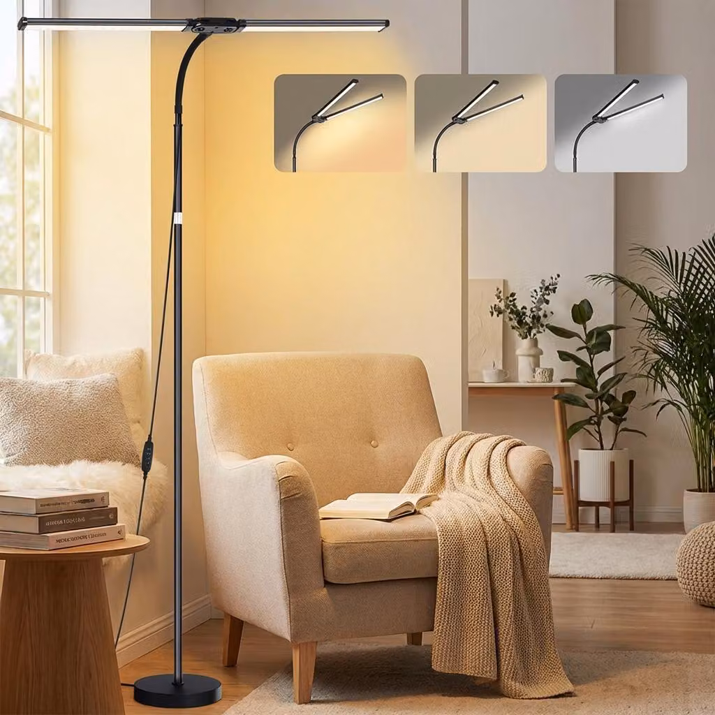 Lampada da terra nero dimmerabile doppia testa LED lettura lampada da terra super luminoso per camera da letto soggiorno ufficio (H: 50-158cm, 18W, collo d'oca flessibile, 3 modalità)