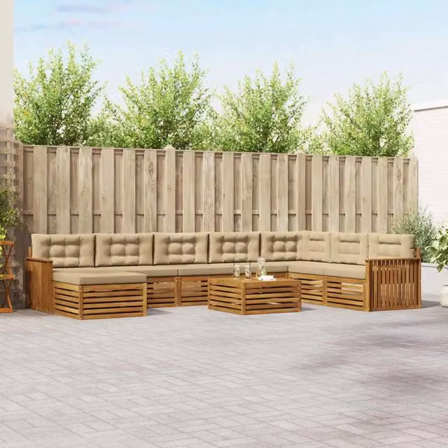 Set di divani da esterno a L vidaXL in legno di acacia con cuscini beige e marrone